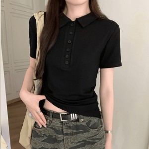 polo衫T恤女夏季新款气质修身收腰显瘦通勤正肩短袖纽扣polo领